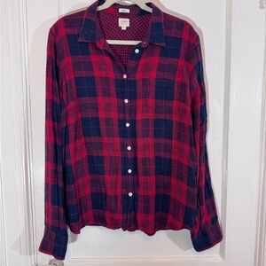 Women’s J Crew Boy Fit Red Blue Plaid Button-Up Shirt Flannel Cotton XL